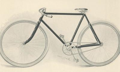Black and white illustration of a bicycle on yellowed paper with text below it